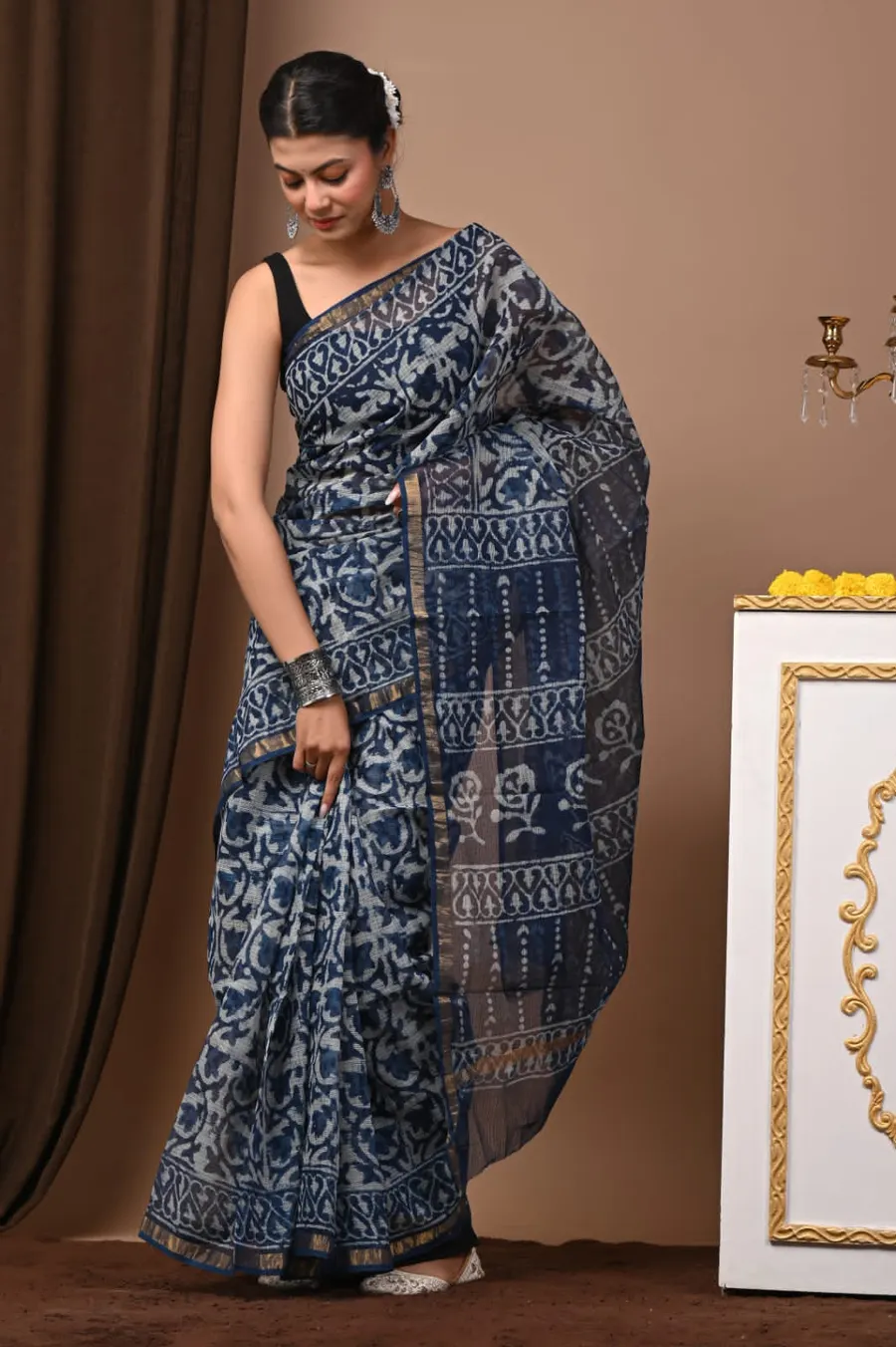 Handcrafted Bagru Print Indigo Colour Kota Sarees